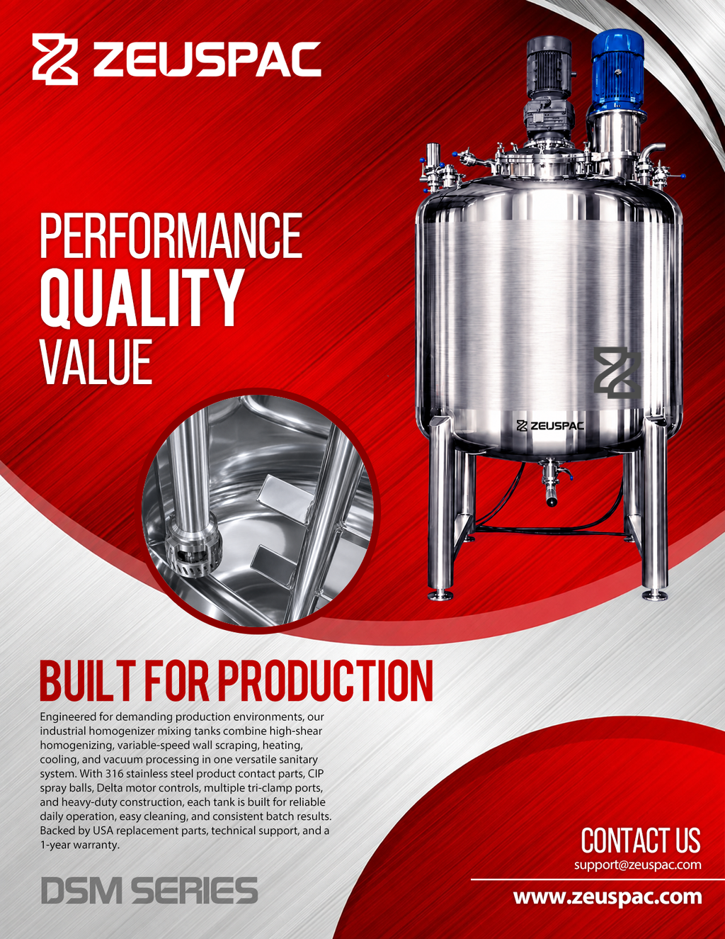 DSM-1000 Triple-Wall Jacketed Mixing Kettle with Vacuum, High-Shear Homogenizer, Tank Scraper and Electric Heating (1000L / 270 Gallon)